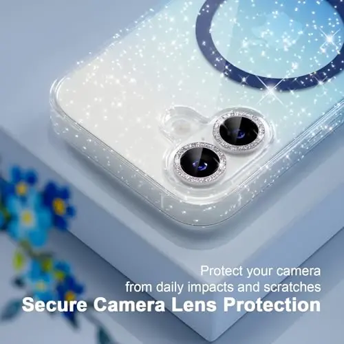 iPhone 17 uchun MagSafe bilan mos keladigan Magnetic g‘ilof, olmos kamerali linza himoya vositalariga ega ayollar uchun yoqimli yaltiroq yaltiroq telefon g‘ilofi, harbiy darajadagi tushishdan himoya qiluvchi 6,3 dyuymli (Shaffof/Ko‘k) - 9