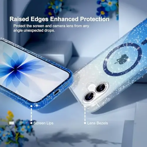 iPhone 17 uchun MagSafe bilan mos keladigan Magnetic g‘ilof, olmos kamerali linza himoya vositalariga ega ayollar uchun yoqimli yaltiroq yaltiroq telefon g‘ilofi, harbiy darajadagi tushishdan himoya qiluvchi 6,3 dyuymli (Shaffof/Ko‘k) - 10