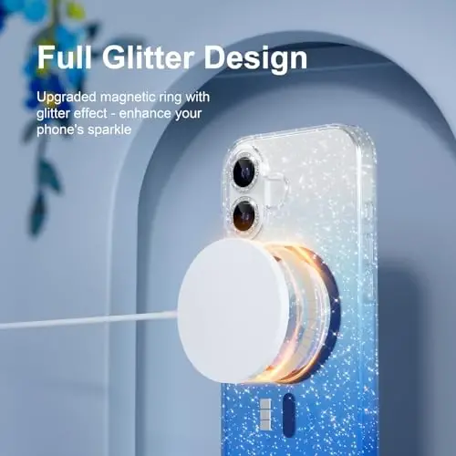 iPhone 17 uchun MagSafe bilan mos keladigan Magnetic g‘ilof, olmos kamerali linza himoya vositalariga ega ayollar uchun yoqimli yaltiroq yaltiroq telefon g‘ilofi, harbiy darajadagi tushishdan himoya qiluvchi 6,3 dyuymli (Shaffof/Ko‘k) - 11