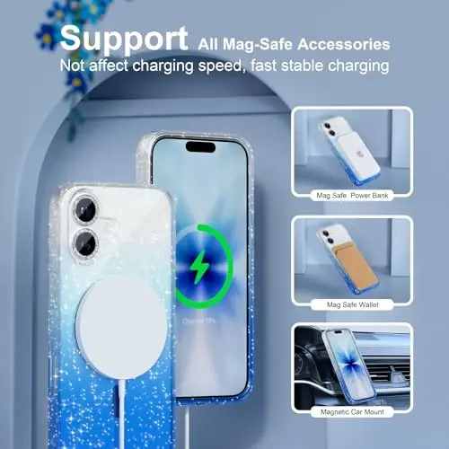 iPhone 17 uchun MagSafe bilan mos keladigan Magnetic g‘ilof, olmos kamerali linza himoya vositalariga ega ayollar uchun yoqimli yaltiroq yaltiroq telefon g‘ilofi, harbiy darajadagi tushishdan himoya qiluvchi 6,3 dyuymli (Shaffof/Ko‘k) - 12