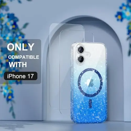 iPhone 17 uchun MagSafe bilan mos keladigan Magnetic g‘ilof, olmos kamerali linza himoya vositalariga ega ayollar uchun yoqimli yaltiroq yaltiroq telefon g‘ilofi, harbiy darajadagi tushishdan himoya qiluvchi 6,3 dyuymli (Shaffof/Ko‘k) - CHOICHE (1)