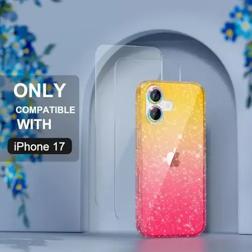 iPhone 17 uchun mos keladigan Choiche g'ilofi, ayollar uchun chiroyli tiniq yaltiroq jozibali g'ilof, [2 x Olmos kamera linzalari himoyachilari] [2 x Temperlangan shisha ekran himoyachilari] 6,3 dyuym (Yaltiroq oltin/pushti) - 4