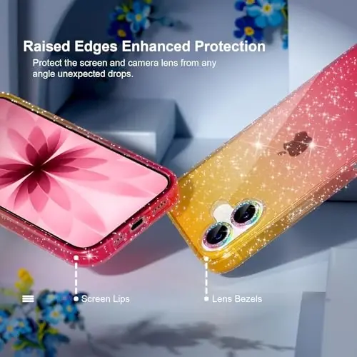 iPhone 17 uchun mos keladigan Choiche g'ilofi, ayollar uchun chiroyli tiniq yaltiroq jozibali g'ilof, [2 x Olmos kamera linzalari himoyachilari] [2 x Temperlangan shisha ekran himoyachilari] 6,3 dyuym (Yaltiroq oltin/pushti) - 2