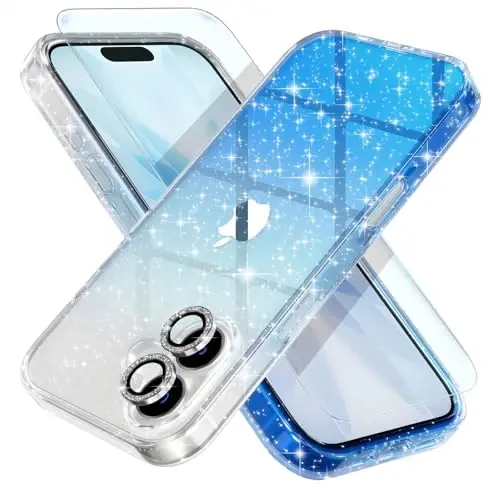 iPhone 17 uchun mos keladigan Choiche g‘ilofi, Ayollar uchun chiroyli tiniq yaltiroq jozibali g‘ilof, [2 x Olmos kamera linzalari himoyachilari] [2 x закаленное shisha ekran himoyachilari] 6,3 dyuym (Yaltiroq tiniq/ko‘k) 