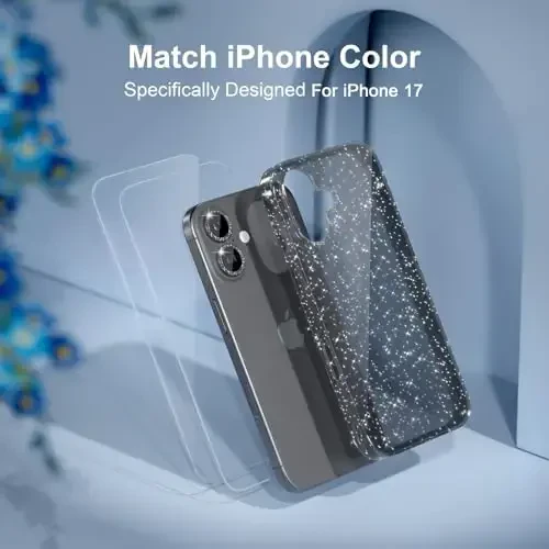 iPhone 17 uchun mos keluvchi Choiche g'ilofi, ayollar uchun chiroyli tiniq yaltiroq yaltiroq g'ilof, [2 x Olmos kamera linzalari himoyachilari] [2 x Temperli shisha ekran himoyachilari] 6,3 dyuym (Yaltiroq qora) - 7