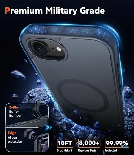 iPhone 17 ve iPhone 16 için FNTCASE Kılıf: [MagSafe ile Uyumlu] [Ekran Koruyucu] Mat Dokulu Askeri Sınıf Düşme Korumalı Silikon İnce Dayanıklı Darbeye Dayanıklı Telefon Kılıfı Siyah - 5