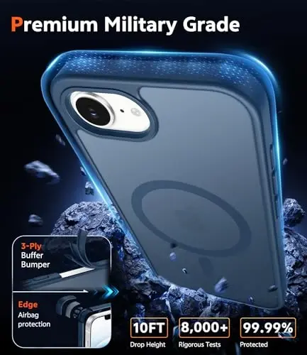 iPhone 17e & iPhone 16e için FNTCASE Mat Kılıf: Ekran Koruyuculu Manyetik Telefon Kılıfı, Düşmeye Dayanıklı, Magsafe Uyumlu, İnce, Sararmaz, Yarı Saydam Koruyucu Cep Telefonu Kılıfı (C-Mavi) - 6