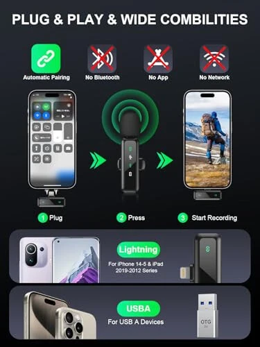 iPhone 5-14 seriyali qurilmalar uchun simsiz Lavalier mikrofon, shovqinni bekor qiluvchi iPhone uchun LED displeyli mini Lav, kontent yaratuvchilar uchun video yozib olish va vlogging uchun 2 dona simsiz yaka mikrofoni (faqat Lightning) - 6