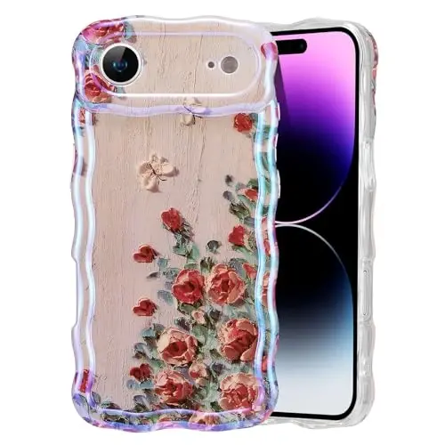 EYZUTAK Case for iPhone Air, Colorful Retro Oil Painting Printed Flower Laser Glossy Pattern Cute Curly Wave Edge Exquisite Phone Cover Stylish Durable TPU Protective Case for Girl Women-Beige 