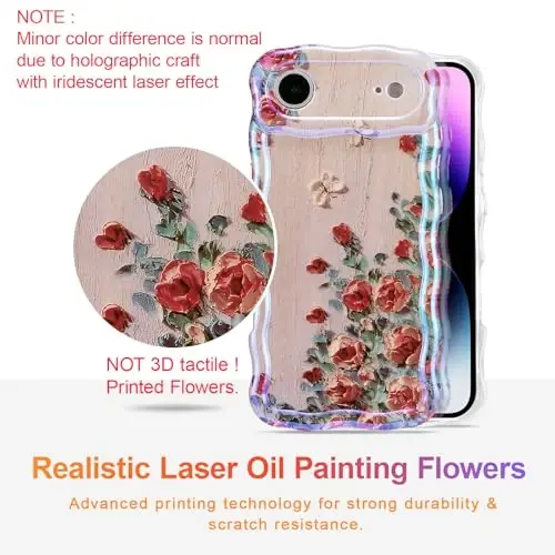 EYZUTAK Case for iPhone Air, Colorful Retro Oil Painting Printed Flower Laser Glossy Pattern Cute Curly Wave Edge Exquisite Phone Cover Stylish Durable TPU Protective Case for Girl Women-Beige - EYZUTAK (1)