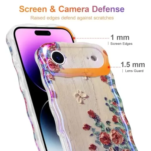 EYZUTAK Case for iPhone Air, Colorful Retro Oil Painting Printed Flower Laser Glossy Pattern Cute Curly Wave Edge Exquisite Phone Cover Stylish Durable TPU Protective Case for Girl Women-Beige - 4