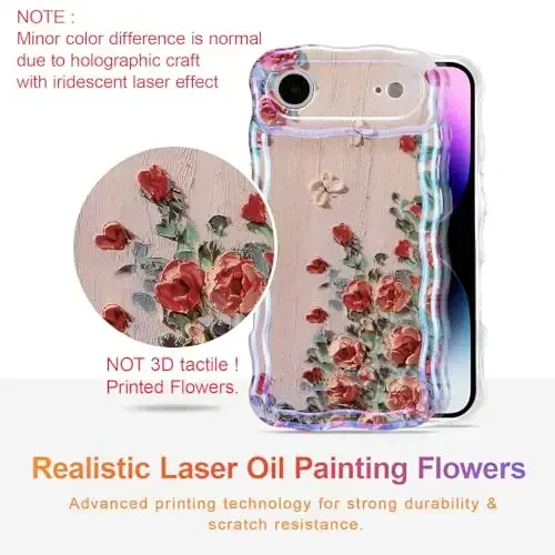 EYZUTAK Case for iPhone Air, Colorful Retro Oil Painting Printed Flower Laser Glossy Pattern Cute Curly Wave Edge Exquisite Phone Cover Stylish Durable TPU Protective Case for Girl Women-Beige - 2