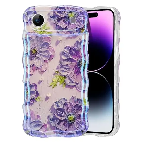 iPhone Air için EYZUTAK Kılıfı, Renkli Retro Yağlı Boya Baskılı Çiçek Lazer Parlak Desen Sevimli Kıvırcık Dalga Kenarlı Zarif Telefon Kapağı Şık Dayanıklı TPU Koruyucu Kılıf Kız Kadın-Mor 