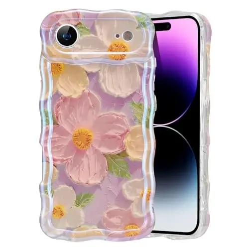 iPhone Air için EYZUTAK Kılıfı, Renkli Retro Yağlı Boya Baskılı Çiçek Lazer Parlak Desen Sevimli Kıvırcık Dalga Kenarlı Zarif Telefon Kapağı Şık Dayanıklı TPU Koruyucu Kılıf Kız Kadın-Pembe 