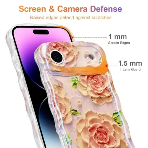 EYZUTAK Case for iPhone Air, Colorful Retro Oil Painting Flower Laser Glossy Pattern Cute Curly Wave Edge Exquisite Phone Cover Stylish Durable TPU Protective Case for Girl Women - Pink Peony - 4