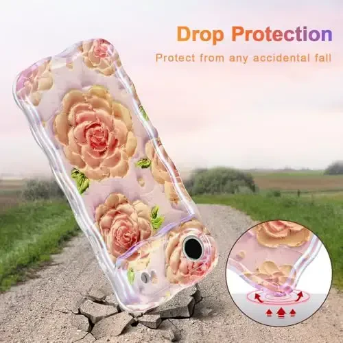 EYZUTAK Case for iPhone Air, Colorful Retro Oil Painting Flower Laser Glossy Pattern Cute Curly Wave Edge Exquisite Phone Cover Stylish Durable TPU Protective Case for Girl Women - Pink Peony - 3