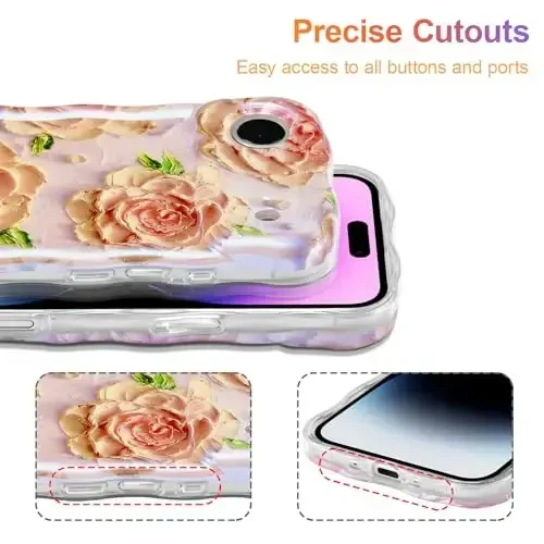 EYZUTAK Case for iPhone Air, Colorful Retro Oil Painting Flower Laser Glossy Pattern Cute Curly Wave Edge Exquisite Phone Cover Stylish Durable TPU Protective Case for Girl Women - Pink Peony - 5