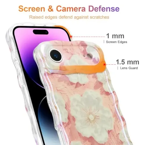 EYZUTAK Case for iPhone Air, Colorful Retro Oil Painting Flower Laser Glossy Pattern Cute Curly Wave Edge Exquisite Phone Cover Stylish Durable TPU Protective Case for Girl Women - Light Pink - 4