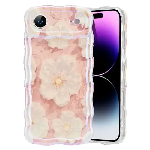 EYZUTAK Case for iPhone Air, Colorful Retro Oil Painting Flower Laser Glossy Pattern Cute Curly Wave Edge Exquisite Phone Cover Stylish Durable TPU Protective Case for Girl Women - Light Pink - 1