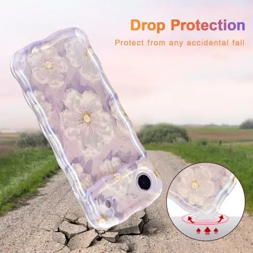 EYZUTAK Case for iPhone Air, Colorful Retro Oil Painting Flower Laser Glossy Pattern Cute Curly Wave Edge Exquisite Phone Cover Stylish Durable TPU Protective Case for Girl Women - Light Purple - 3