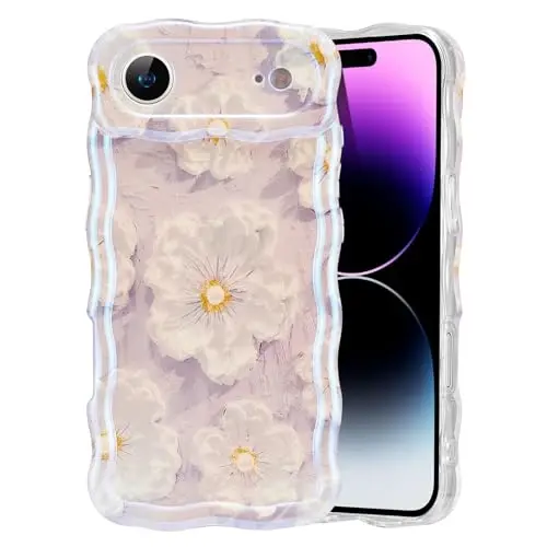 EYZUTAK Case for iPhone Air, Colorful Retro Oil Painting Flower Laser Glossy Pattern Cute Curly Wave Edge Exquisite Phone Cover Stylish Durable TPU Protective Case for Girl Women - Light Purple 