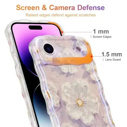 EYZUTAK Case for iPhone Air, Colorful Retro Oil Painting Flower Laser Glossy Pattern Cute Curly Wave Edge Exquisite Phone Cover Stylish Durable TPU Protective Case for Girl Women - Light Purple - 4