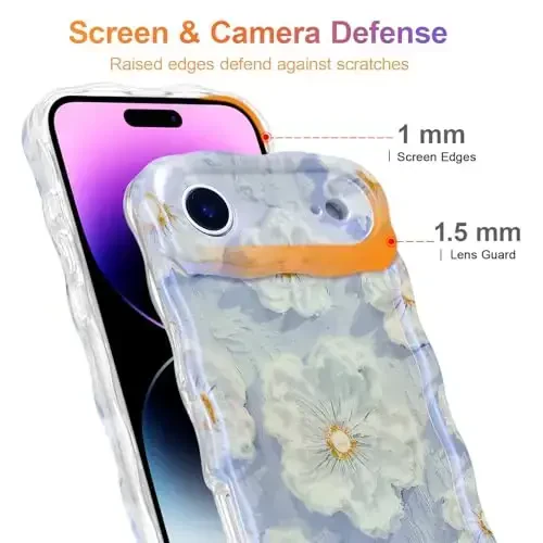 EYZUTAK Case for iPhone Air, Colorful Retro Oil Painting Flower Laser Glossy Pattern Cute Curly Wave Edge Exquisite Phone Cover Stylish Durable TPU Protective Case for Girl Women - Light Blue - 4