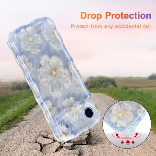 EYZUTAK Case for iPhone Air, Colorful Retro Oil Painting Flower Laser Glossy Pattern Cute Curly Wave Edge Exquisite Phone Cover Stylish Durable TPU Protective Case for Girl Women - Light Blue - 3