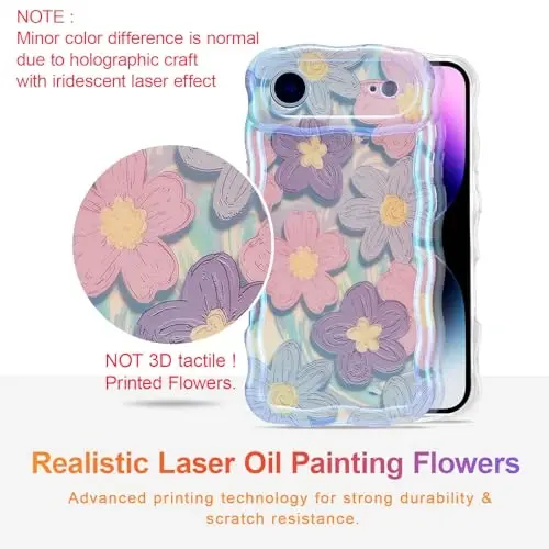 EYZUTAK Case for iPhone Air, Colorful Retro Oil Painting Flower Laser Glossy Pattern Cute Curly Wave Edge Exquisite Phone Cover Stylish Durable TPU Protective Case for Girls Women - Pink Purple - EYZUTAK (1)