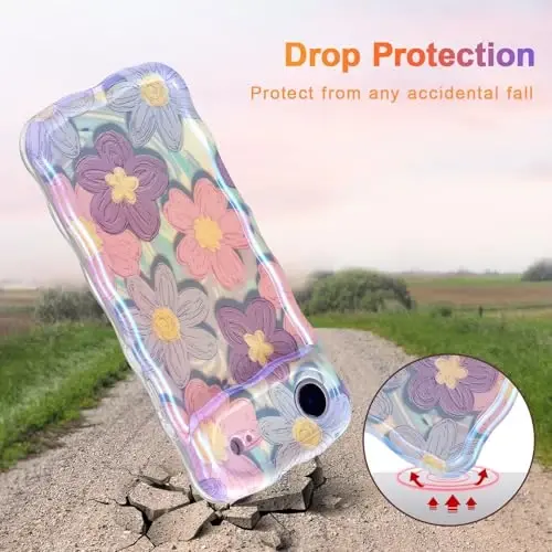 EYZUTAK Case for iPhone Air, Colorful Retro Oil Painting Flower Laser Glossy Pattern Cute Curly Wave Edge Exquisite Phone Cover Stylish Durable TPU Protective Case for Girls Women - Pink Purple - 3