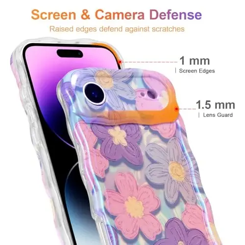 EYZUTAK Case for iPhone Air, Colorful Retro Oil Painting Flower Laser Glossy Pattern Cute Curly Wave Edge Exquisite Phone Cover Stylish Durable TPU Protective Case for Girls Women - Pink Purple - 4