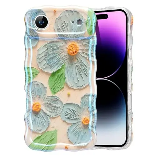 iPhone Air için EYZUTAK Kılıfı, Renkli Retro Yağlı Boya Çiçek Yaprağı Lazer Parlak Desen Sevimli Kıvırcık Dalgalı Kenar Zarif Telefon Kapağı Şık Dayanıklı TPU Koruyucu Kılıf Kadınlar için - Mavi Yeşil 