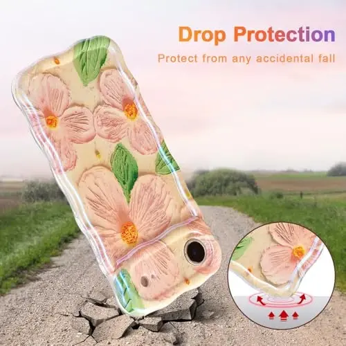 EYZUTAK Case for iPhone Air, Colorful Retro Oil Painting Flower Leaf Laser Glossy Pattern Cute Curly Waves Edge Exquisite Phone Cover Stylish Durable TPU Protective Case for Women - Pink Green - 3