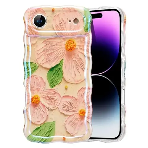 EYZUTAK Case for iPhone Air, Colorful Retro Oil Painting Flower Leaf Laser Glossy Pattern Cute Curly Waves Edge Exquisite Phone Cover Stylish Durable TPU Protective Case for Women - Pink Green - 1
