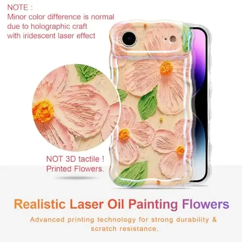 EYZUTAK Case for iPhone Air, Colorful Retro Oil Painting Flower Leaf Laser Glossy Pattern Cute Curly Waves Edge Exquisite Phone Cover Stylish Durable TPU Protective Case for Women - Pink Green - 2