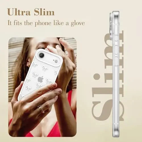 EYZUTAK Case for iPhone Air, Clear Cute Ribbon Bowknot Pattern Aesthetic Transparent Phone Case Raised Camera Protection Stylish Slim Soft Durable TPU Protective Cover for Women Girls - White - 9