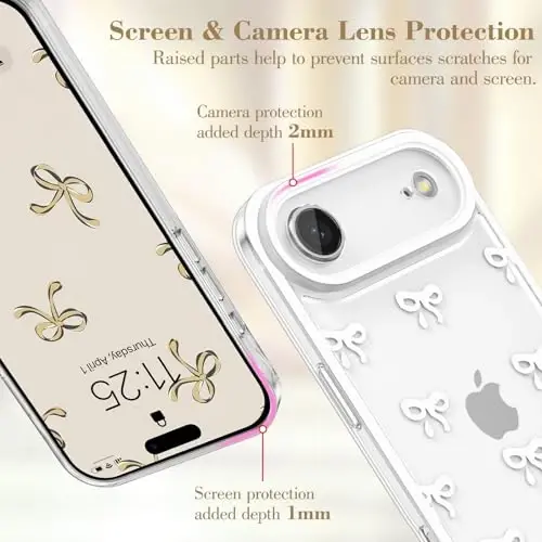 EYZUTAK Case for iPhone Air, Clear Cute Ribbon Bowknot Pattern Aesthetic Transparent Phone Case Raised Camera Protection Stylish Slim Soft Durable TPU Protective Cover for Women Girls - White - 2