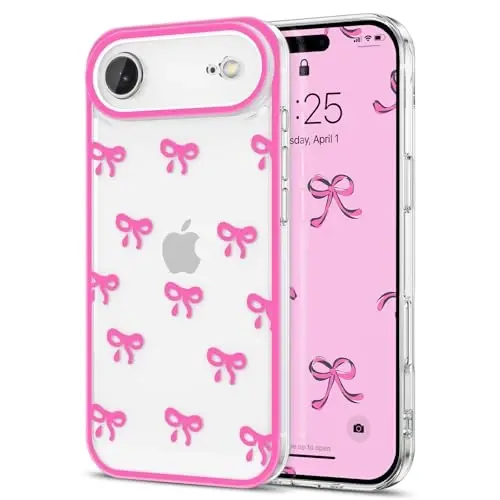 EYZUTAK Case for iPhone Air, Clear Cute Ribbon Bowknot Pattern Aesthetic Transparent Phone Case Raised Camera Protection Stylish Slim Soft Durable TPU Protective Cover for Women Girls - Rose Red - 12