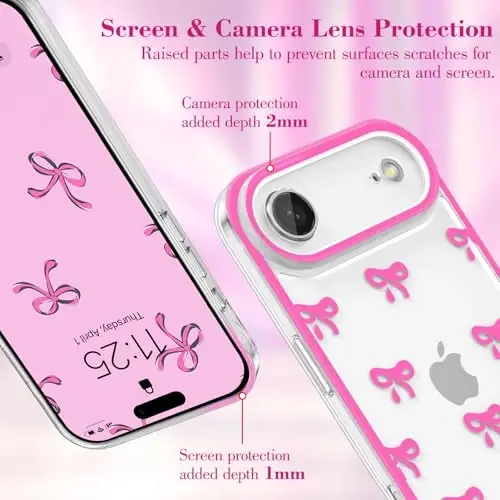 EYZUTAK Case for iPhone Air, Clear Cute Ribbon Bowknot Pattern Aesthetic Transparent Phone Case Raised Camera Protection Stylish Slim Soft Durable TPU Protective Cover for Women Girls - Rose Red - 2