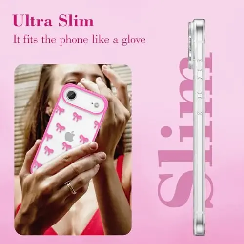 EYZUTAK Case for iPhone Air, Clear Cute Ribbon Bowknot Pattern Aesthetic Transparent Phone Case Raised Camera Protection Stylish Slim Soft Durable TPU Protective Cover for Women Girls - Rose Red - 9