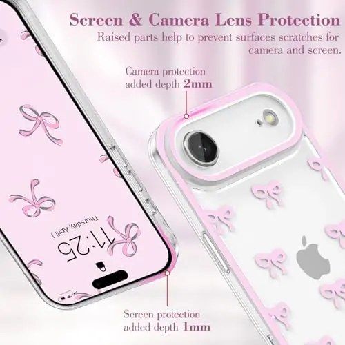 EYZUTAK Case for iPhone Air, Clear Cute Ribbon Bowknot Pattern Aesthetic Transparent Phone Case Raised Camera Protection Stylish Slim Soft Durable TPU Protective Cover for Women Girls - Pink - 12