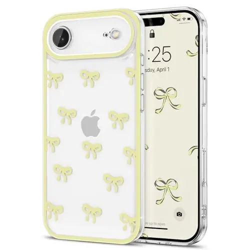 EYZUTAK Case for iPhone Air, Clear Cute Ribbon Bowknot Pattern Aesthetic Transparent Phone Case Raised Camera Protection Stylish Slim Soft Durable TPU Protective Cover for Women Girls - Yellow - 1