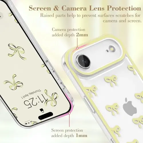 EYZUTAK Case for iPhone Air, Clear Cute Ribbon Bowknot Pattern Aesthetic Transparent Phone Case Raised Camera Protection Stylish Slim Soft Durable TPU Protective Cover for Women Girls - Yellow - 2