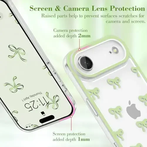 EYZUTAK Case for iPhone Air, Clear Cute Ribbon Bowknot Pattern Aesthetic Transparent Phone Case Raised Camera Protection Stylish Slim Soft Durable TPU Protective Cover for Women Girls - Green - 11