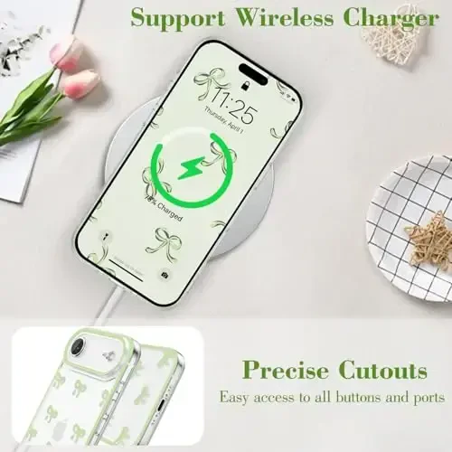 EYZUTAK Case for iPhone Air, Clear Cute Ribbon Bowknot Pattern Aesthetic Transparent Phone Case Raised Camera Protection Stylish Slim Soft Durable TPU Protective Cover for Women Girls - Green - 8