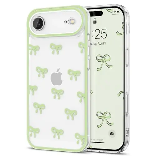 EYZUTAK Case for iPhone Air, Clear Cute Ribbon Bowknot Pattern Aesthetic Transparent Phone Case Raised Camera Protection Stylish Slim Soft Durable TPU Protective Cover for Women Girls - Green - 12