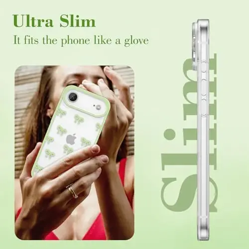 EYZUTAK Case for iPhone Air, Clear Cute Ribbon Bowknot Pattern Aesthetic Transparent Phone Case Raised Camera Protection Stylish Slim Soft Durable TPU Protective Cover for Women Girls - Green - 10