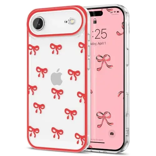 EYZUTAK Case for iPhone Air, Clear Cute Ribbon Bowknot Pattern Aesthetic Transparent Phone Case Raised Camera Protection Stylish Slim Soft Durable TPU Protective Cover for Women Girls - Red - 1