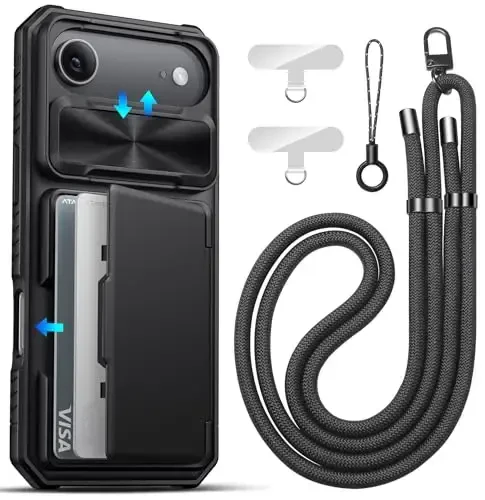 ATATOO for iPhone Air Case Wallet with Lanyard, Phone Strap Crossbody for Women Men, Card Holder & Slide Camera Cover, Drop Protection, Rugged Protective Case for iPhone Air 2025 6.5