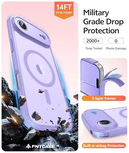FNTCASE for iPhone Air Case: [Compatible with Magsafe] Translucent Matte Cases with [Full Camera Protection] [Screen Protector] Military Grade Shockproof Protective Phone Cover - Light Purple - 5